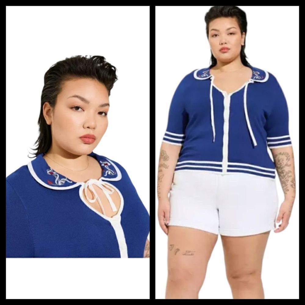 4X 26W Torrid Blue Retro Chic Sweater Cardigan Collard Sailor Patriotic Pinup ti
